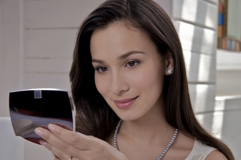 Woman Holding Compact Mirror — Brown, Calm