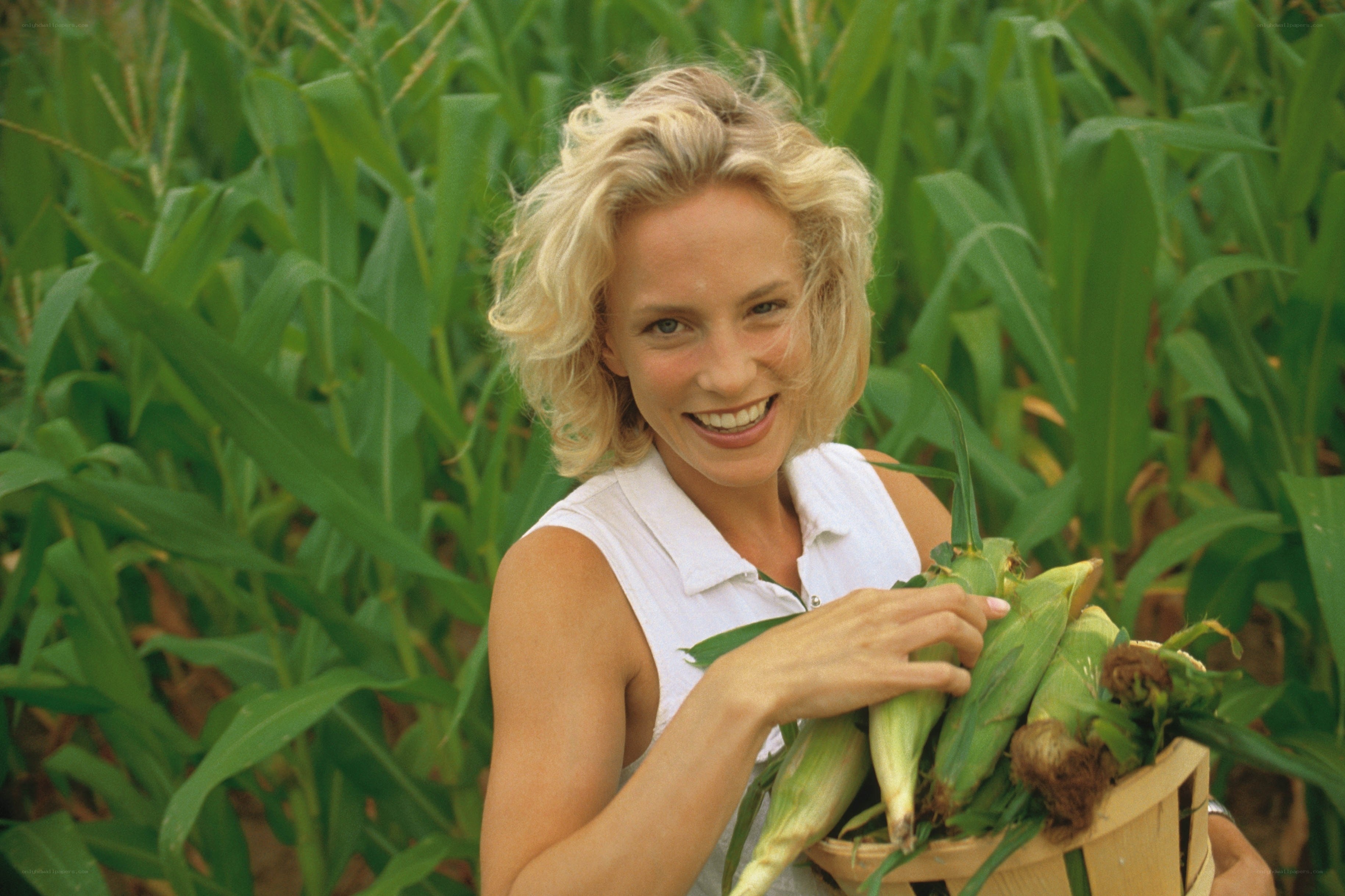 woman holding corn in field