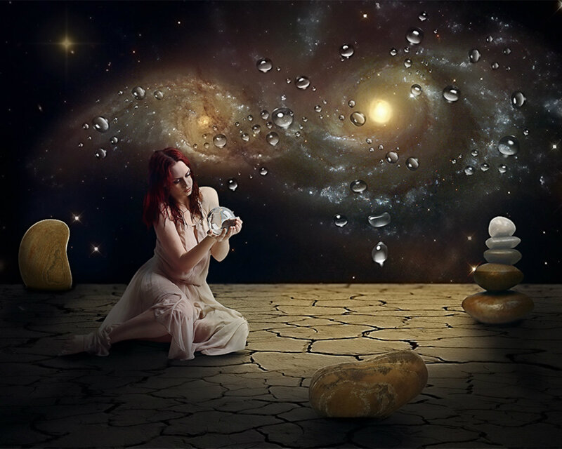 Woman Holding Crystal Ball — Black, Dramatic