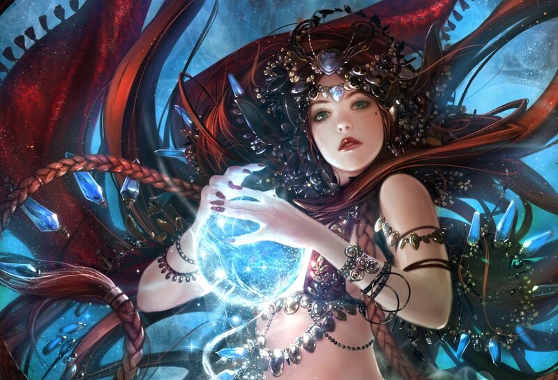 Woman Holding Crystal Ball — Blue, Dramatic, Digital Art