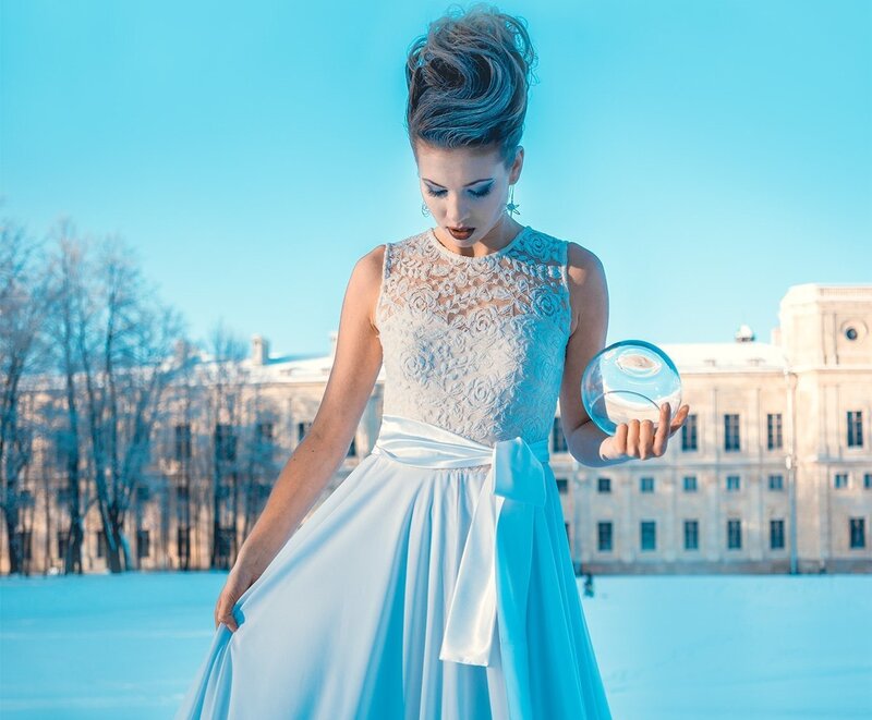 Woman Holding Crystal Ball — Blue, Dramatic, Winter