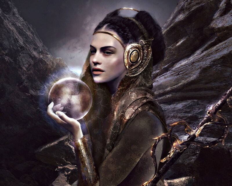 Woman Holding Crystal Ball — Brown, Dramatic, Digital Art