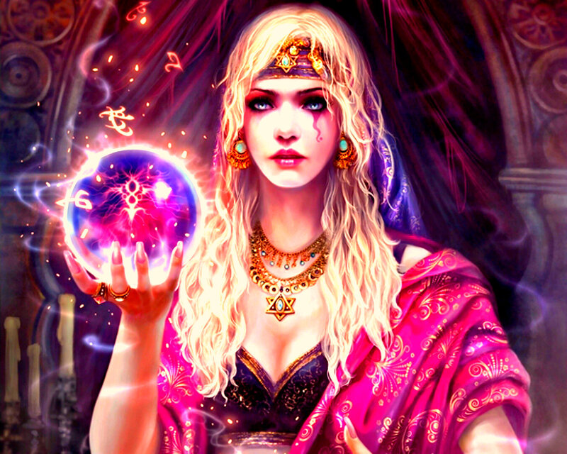 Woman Holding Crystal Ball — Purple, Dramatic, Digital Art