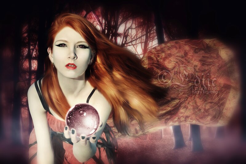 Woman Holding Crystal Ball — Red, Dramatic, Night