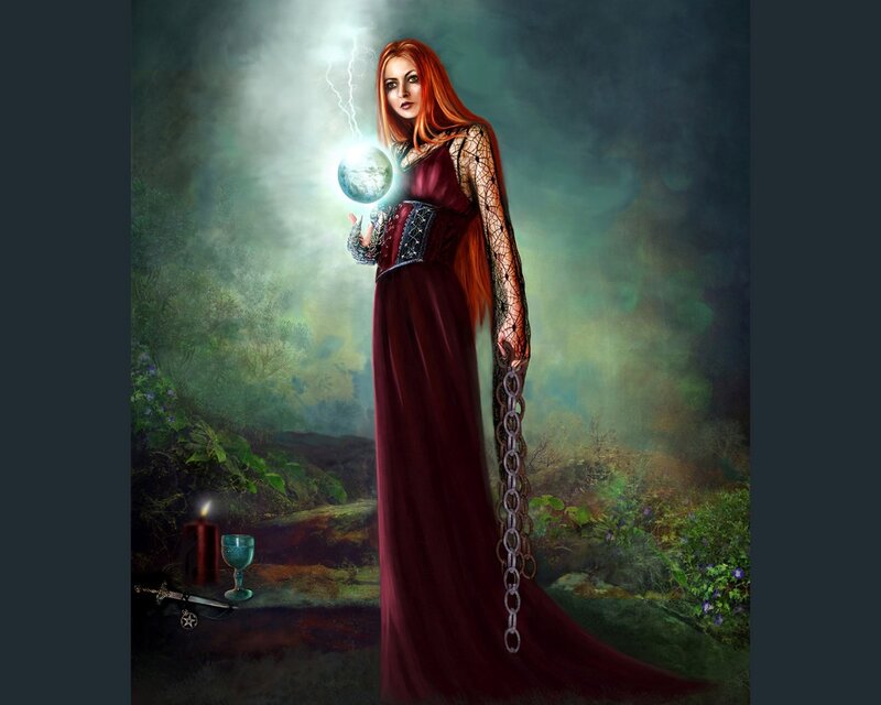 Woman Holding Crystal Ball — Red, Dramatic