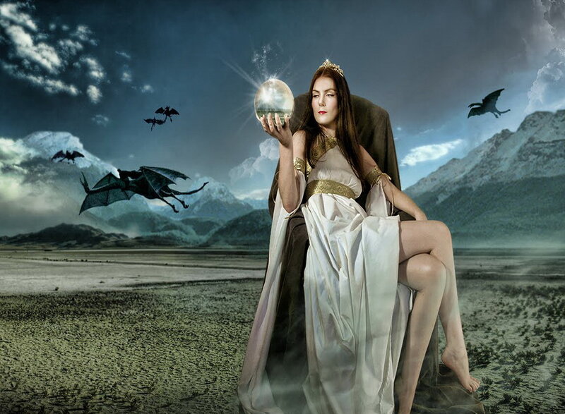 Woman Holding Crystal Ball — White, Dramatic
