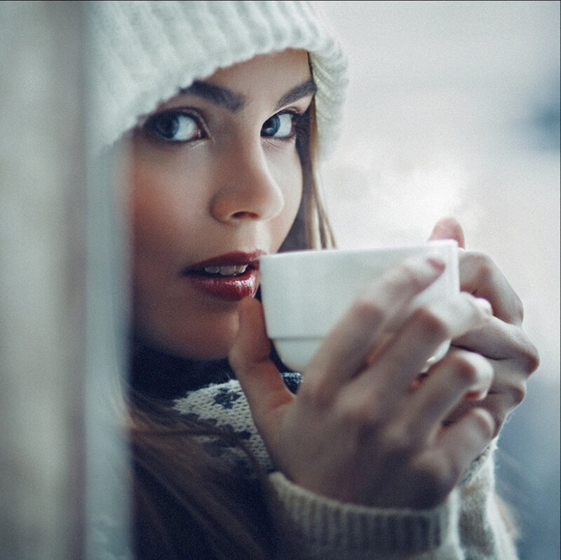 Woman Holding Cup — White, Calm, Winter