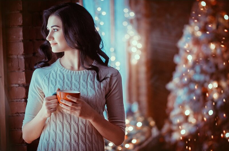 Woman Holding Cup — White, Cozy