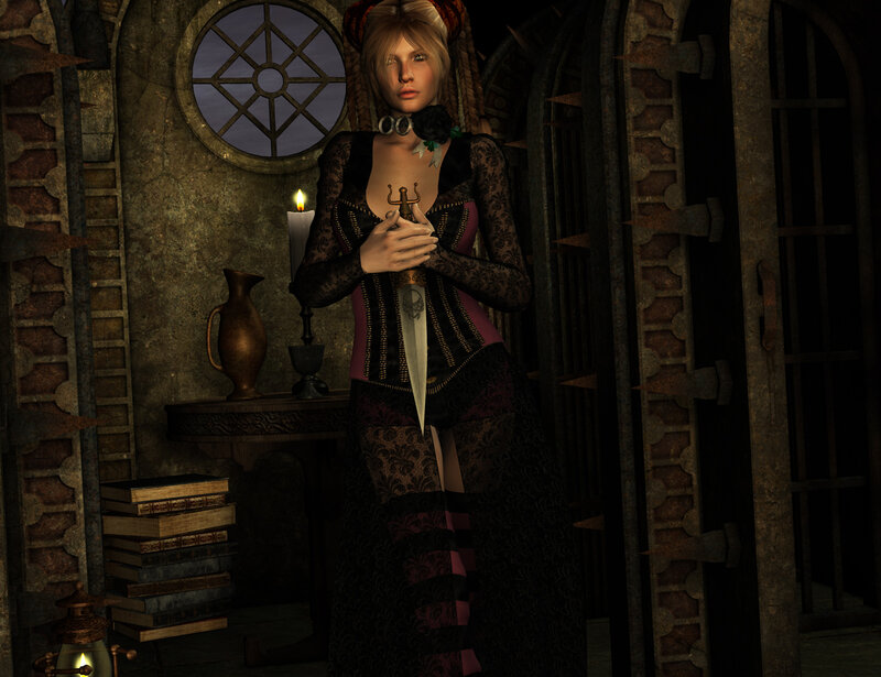 Woman Holding Dagger — Black, Dramatic