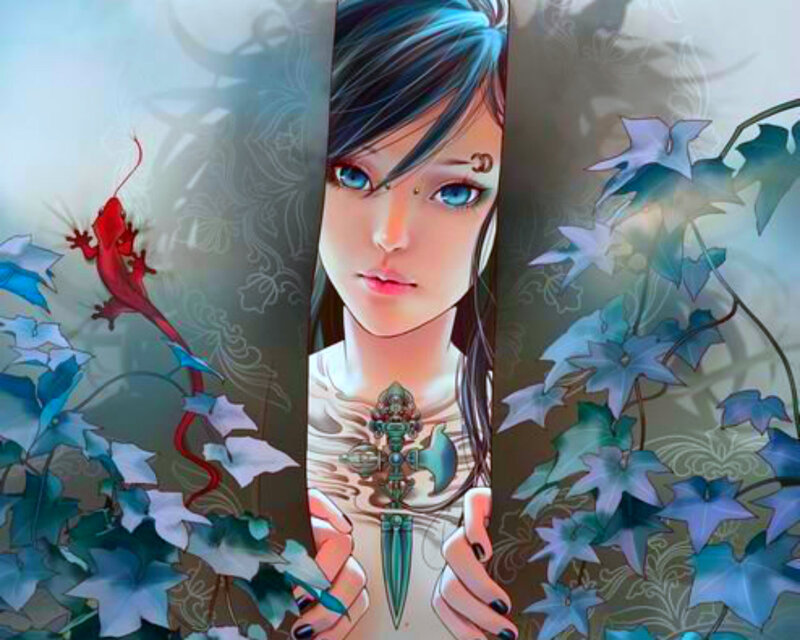 Woman Holding Dagger — Blue, Mysterious