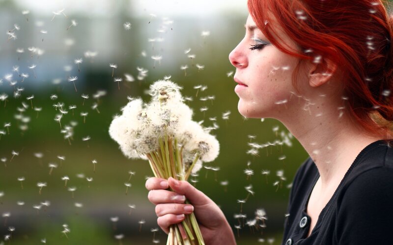 woman holding dandelion seeds