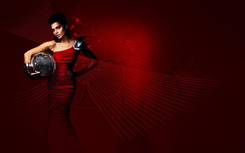 Woman Holding Disco Ball — Red