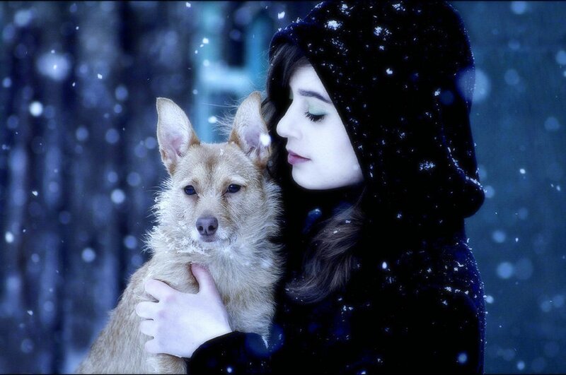 Woman Holding Dog — Blue, Cold