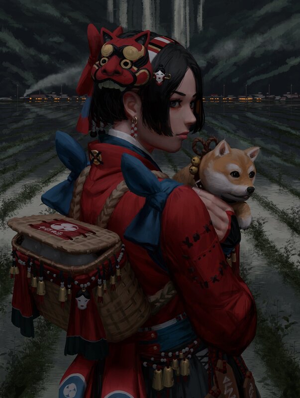 Woman Holding Dog — Red, Dramatic
