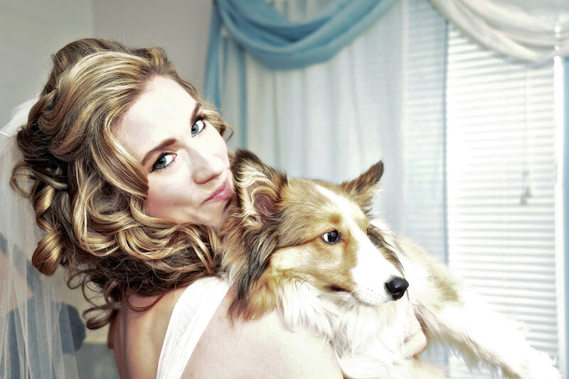 Woman Holding Dog — White, Calm