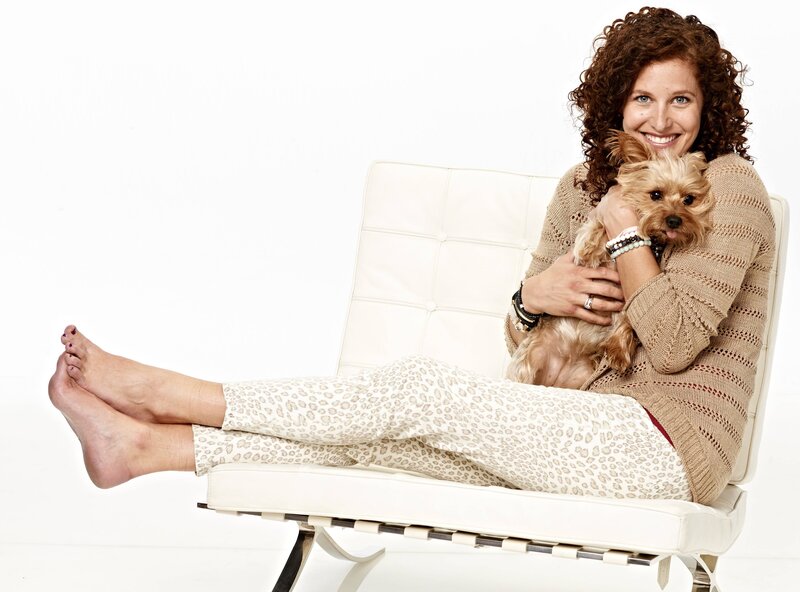 Woman Holding Dog — White, Relaxed