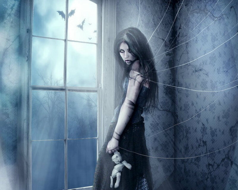 Woman Holding Doll — Blue, Haunting