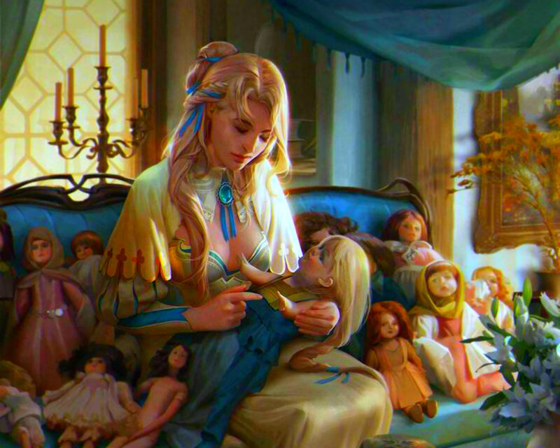 Woman Holding Doll — Blue, Serene