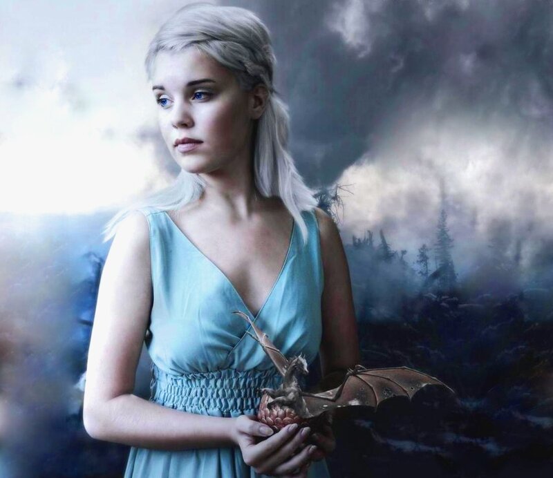 Woman Holding Dragon — Blue, Dramatic