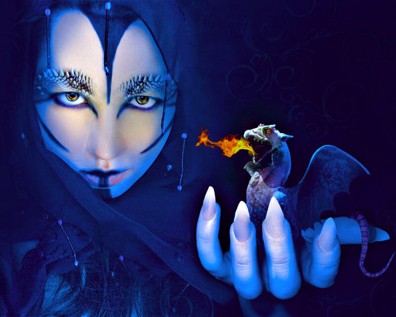 Woman Holding Dragon — Blue