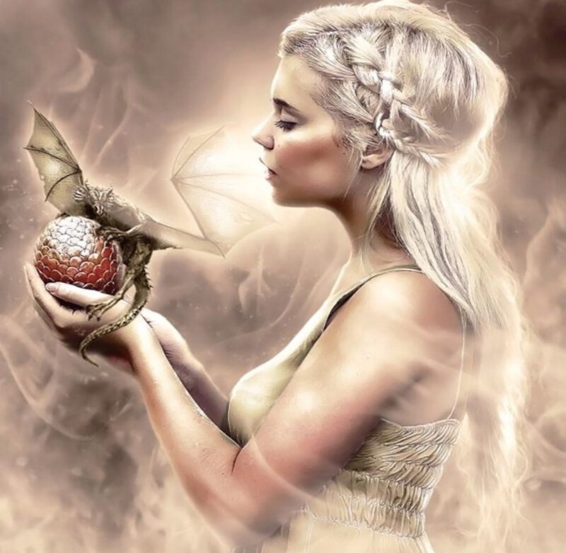 Woman Holding Dragon Egg — Beige, Serene