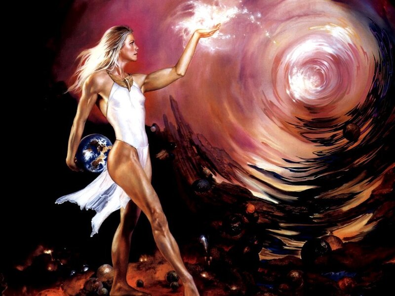 woman holding earth and star