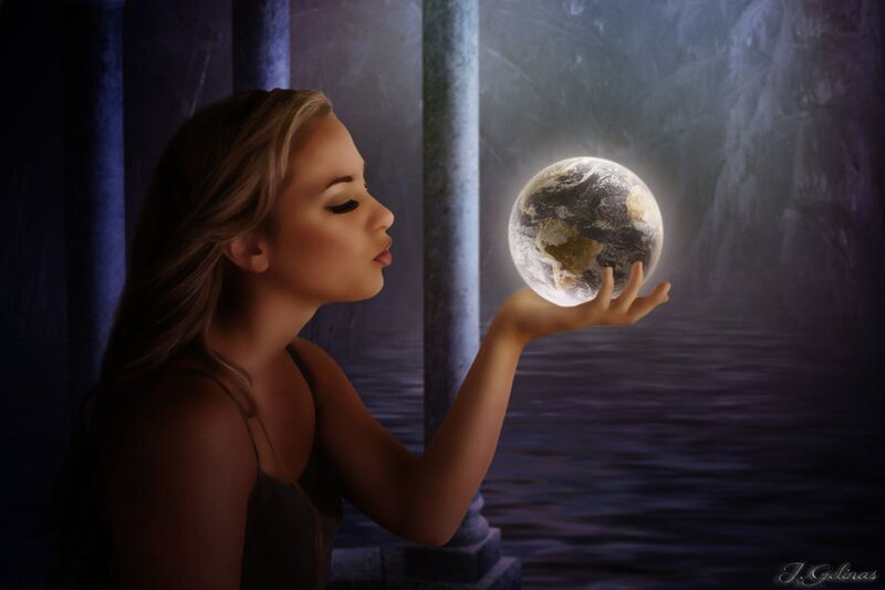 Woman Holding Earth — Blue, Dramatic