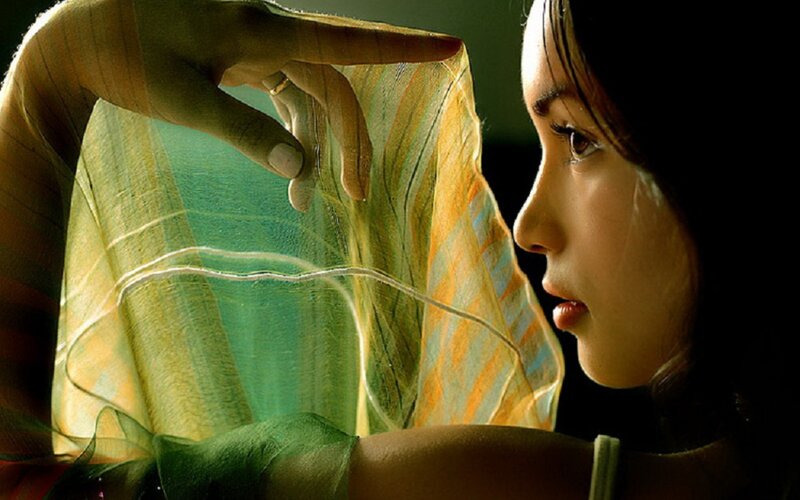 Woman Holding Fabric — Green