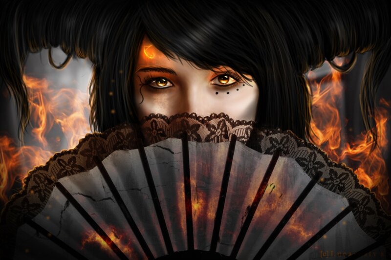 Woman Holding Fan — Black, Dramatic, Digital Art