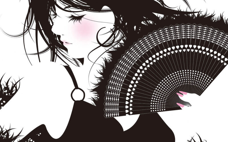 Woman Holding Fan — Black, Dramatic, Illustration