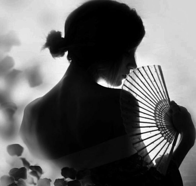 Woman Holding Fan — Black, Dramatic, Photograph, Hair Bun