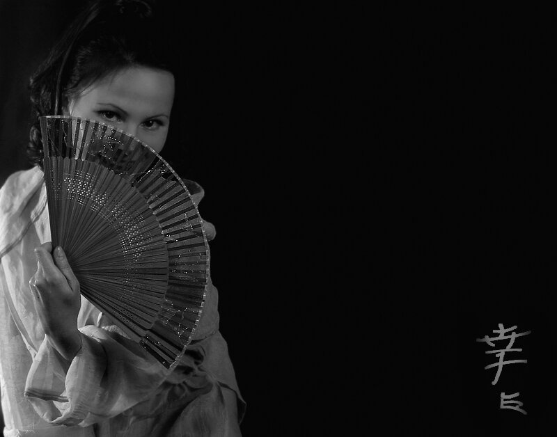 Woman Holding Fan — Black, Dramatic, Photograph