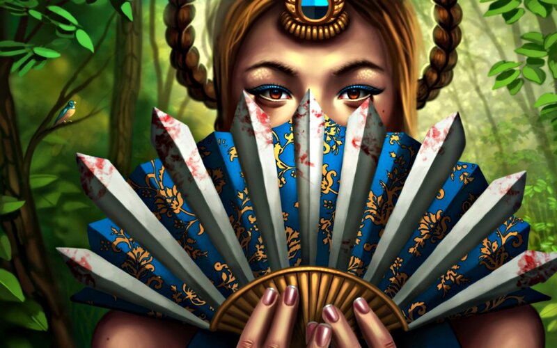 Woman Holding Fan — Blue, Dramatic, Digital Art
