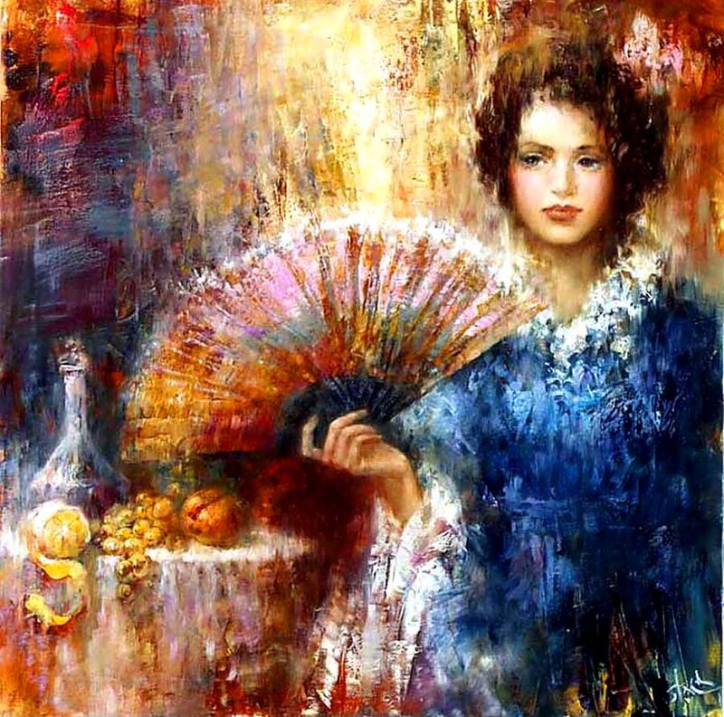 Woman Holding Fan — Blue, Dramatic, Painting