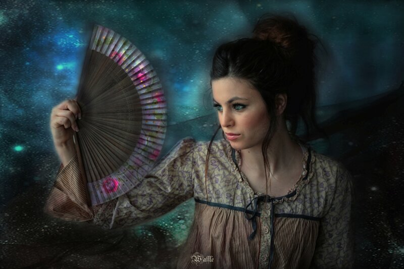 Woman Holding Fan — Blue