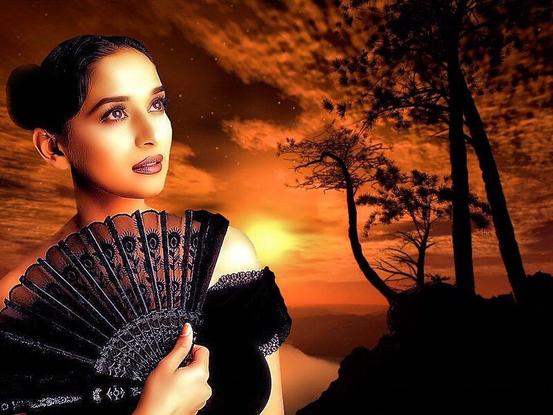 Woman Holding Fan — Orange