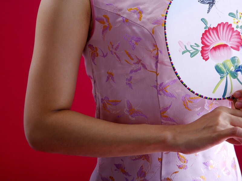 Woman Holding Fan — Pink, Calm, Photograph