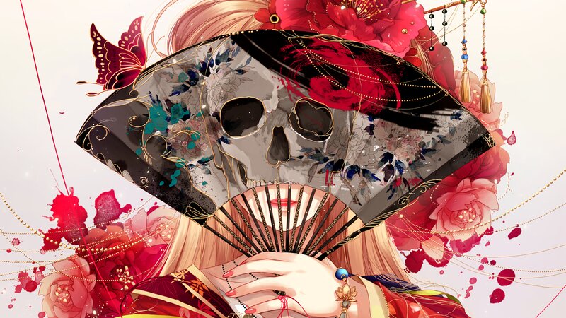 Woman Holding Fan — Red, Dramatic