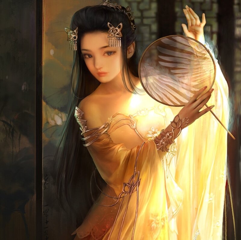 Woman Holding Fan — Yellow