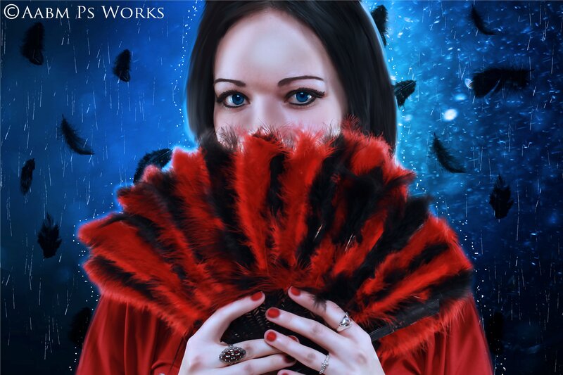 Woman Holding Feather Fan — Blue
