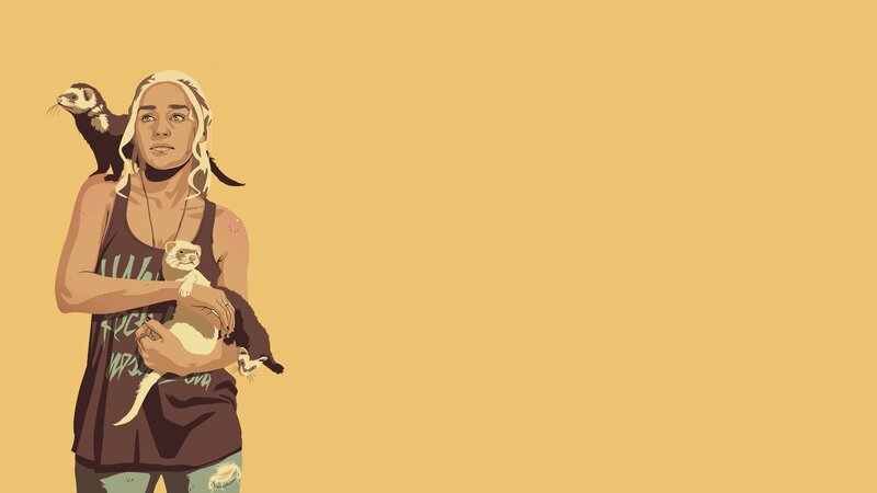 Woman Holding Ferrets — Yellow, Calm, Illustration