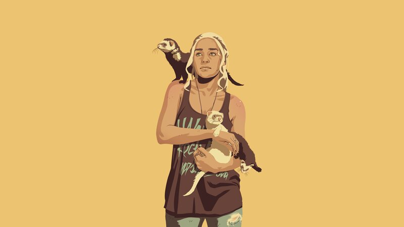 Woman Holding Ferrets — Yellow