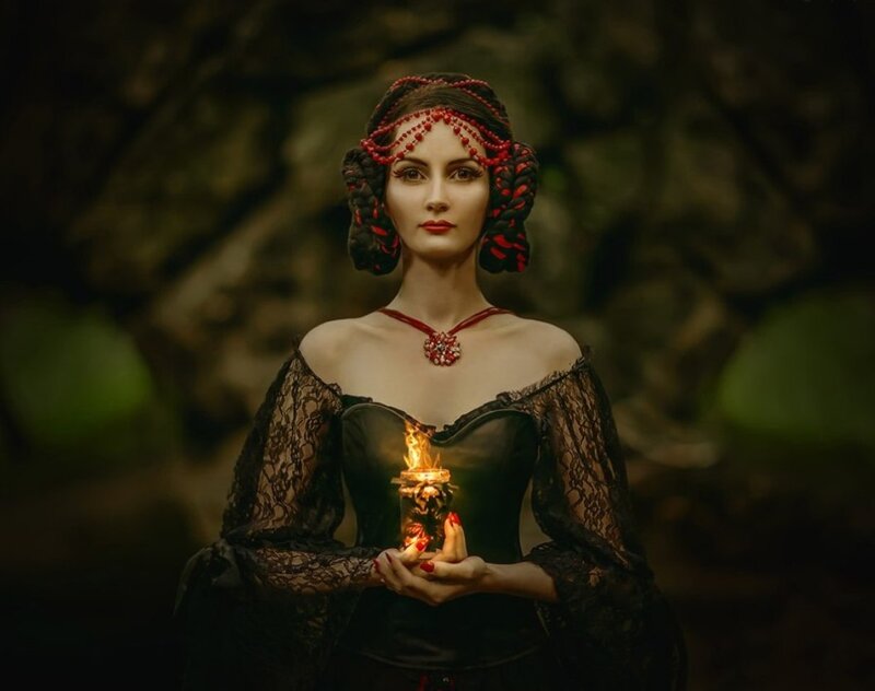 Woman Holding Flame — Black, Dramatic, Night