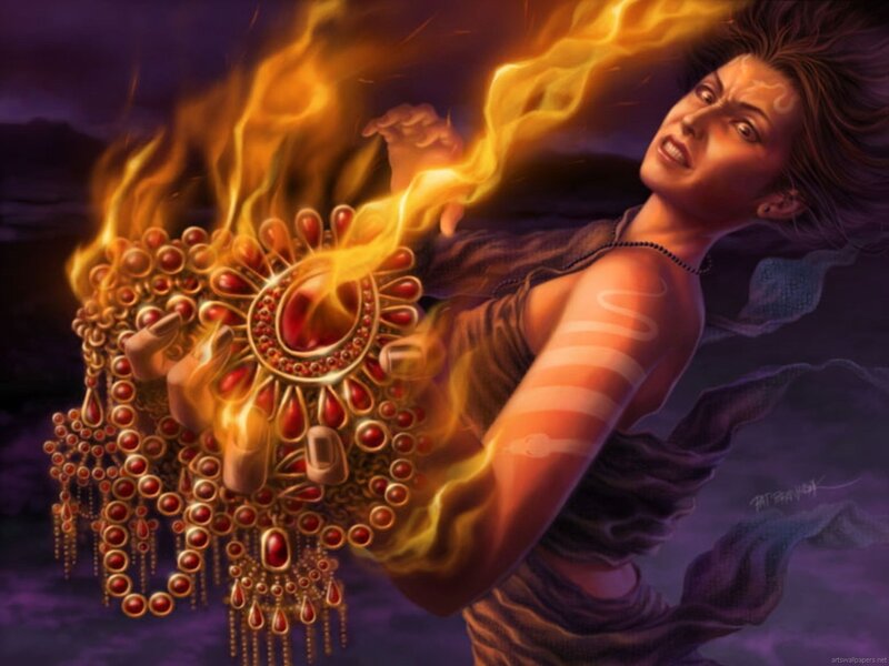 Woman Holding Flaming Amulet