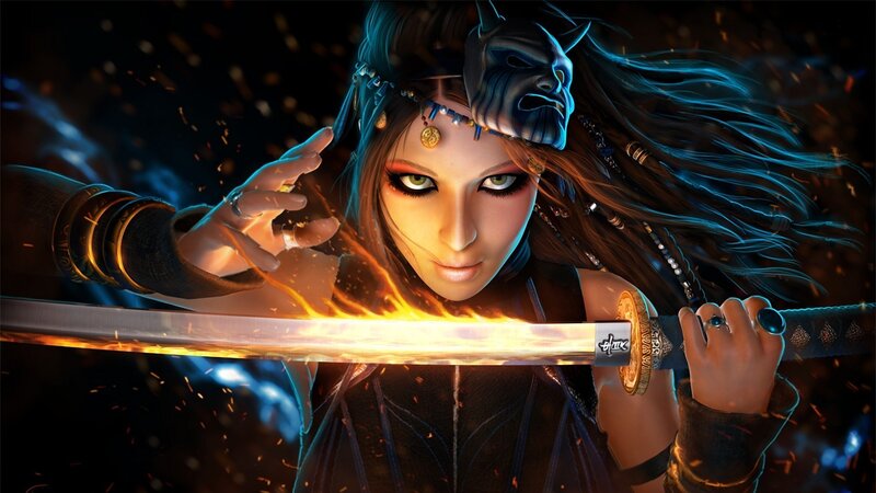 Woman Holding Flaming Sword — Black, Dramatic, Night, Digital Art, Mask