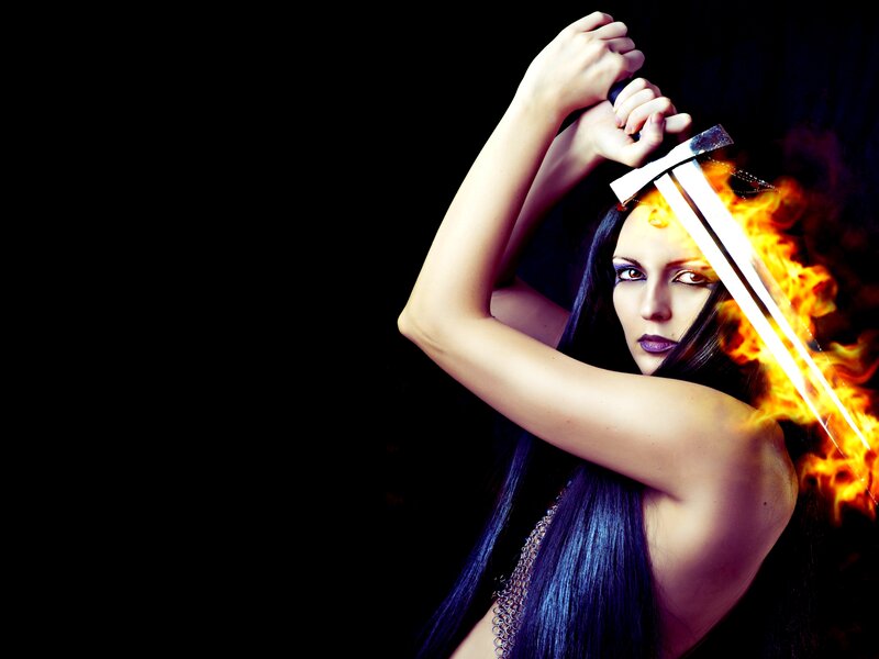 Woman Holding Flaming Sword — Black, Dramatic, Night