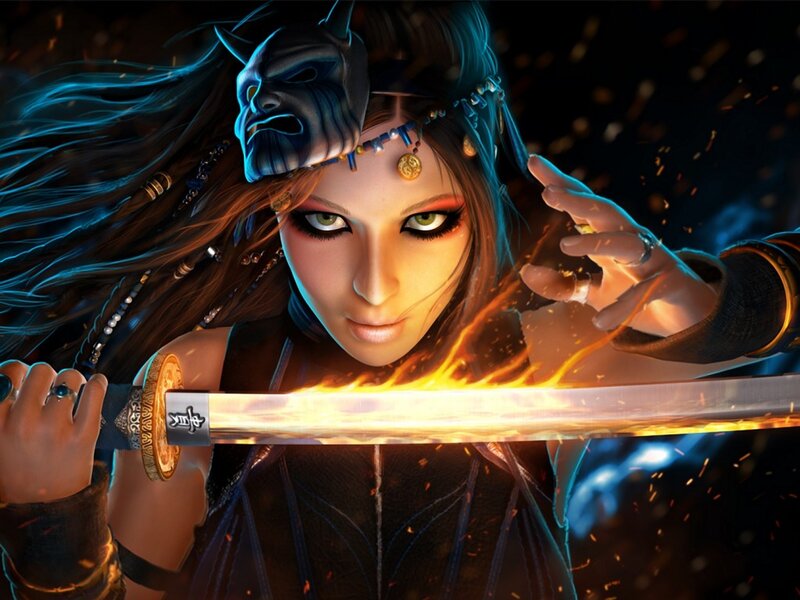 Woman Holding Flaming Sword — Black, Dramatic