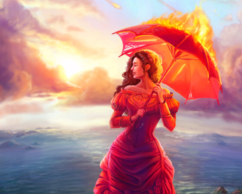 Woman Holding Flaming Umbrella — Red