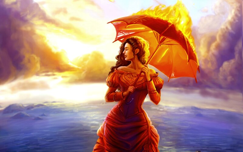 Woman Holding Flaming Umbrella