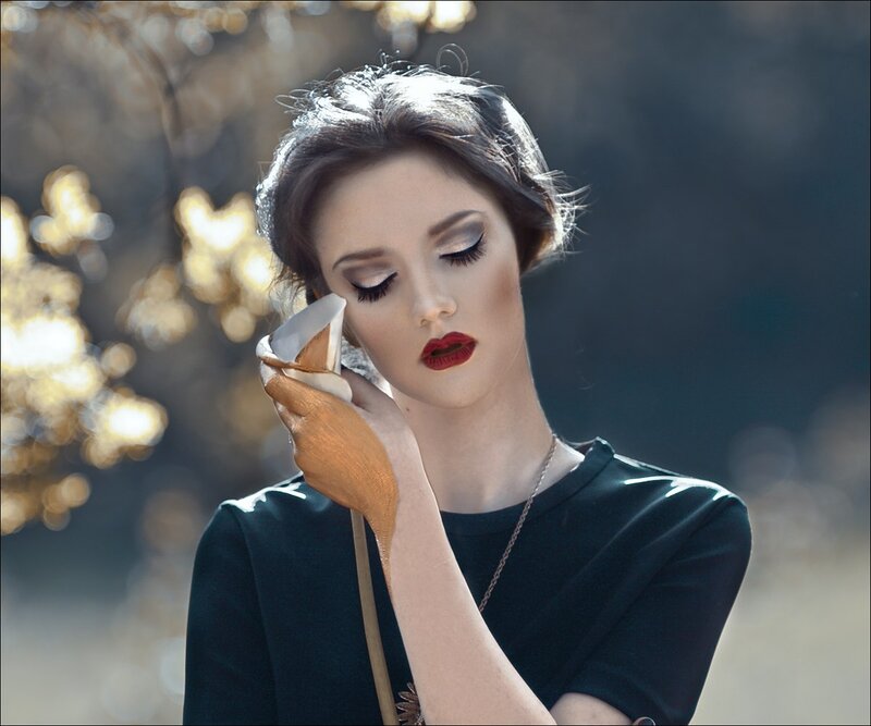 Woman Holding Flower — Black, Dramatic, Afternoon
